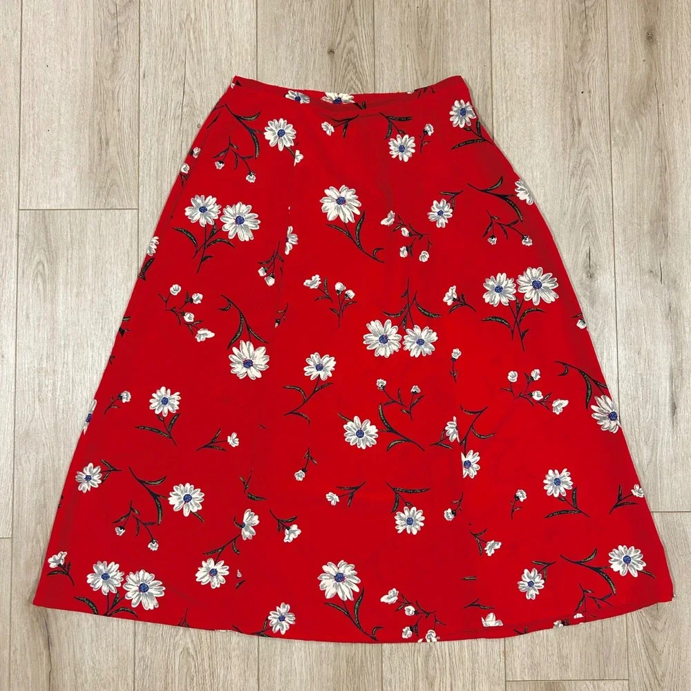 Kathy Ireland Vintage Red Floral Daisy Midi Skirt Womens Large 90s A-Line‎ 30